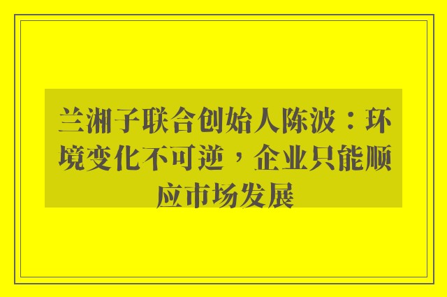 兰湘子联合创始人陈波：环境变化不可逆，企业只能顺应市场发展